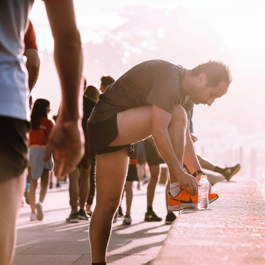 Corredores a enfrentar chuva e vento numa maratona de rua