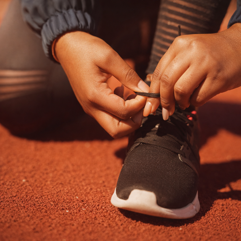 Corredor a apertar os atacadores das sapatilhas num passeio citadino de manhã