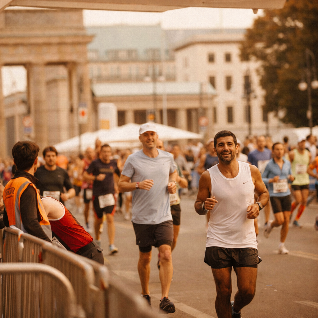 Smiling runners in athletic gear