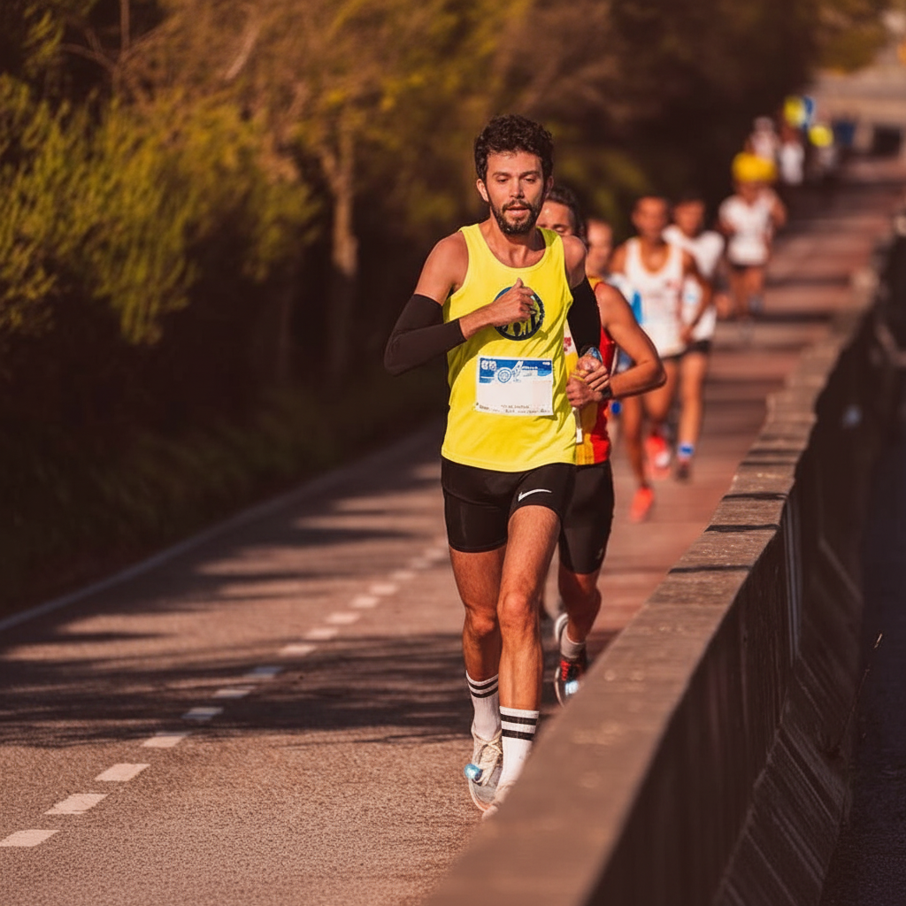 Detalhe de dorsais de corrida presos às camisolas de atletas durante uma maratona em Portugal