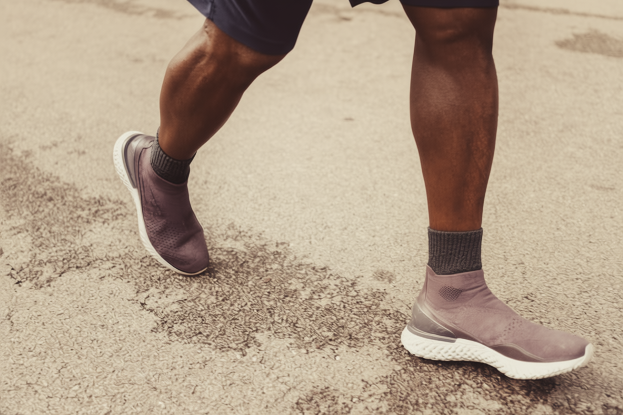 Sapatilhas de corrida em calçada portuguesa molhada