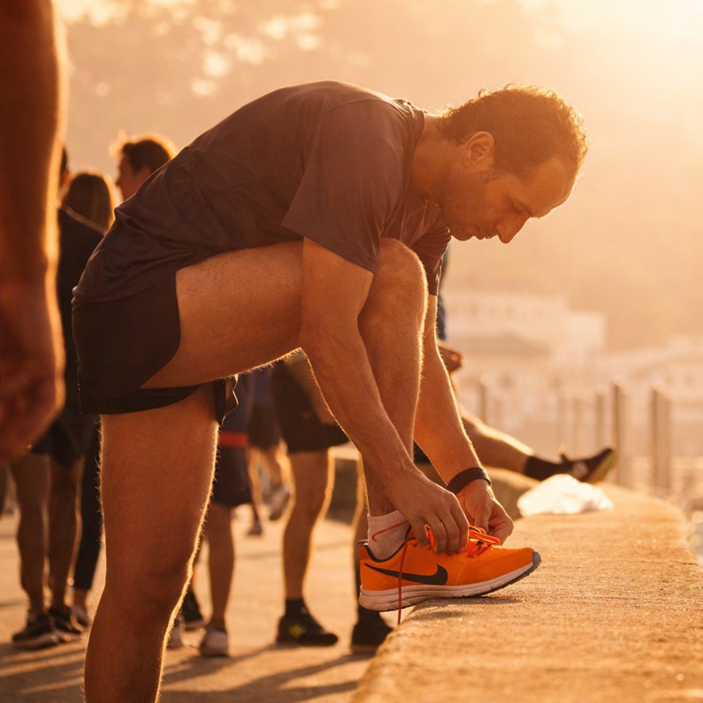 A runner adjusts his bright orange