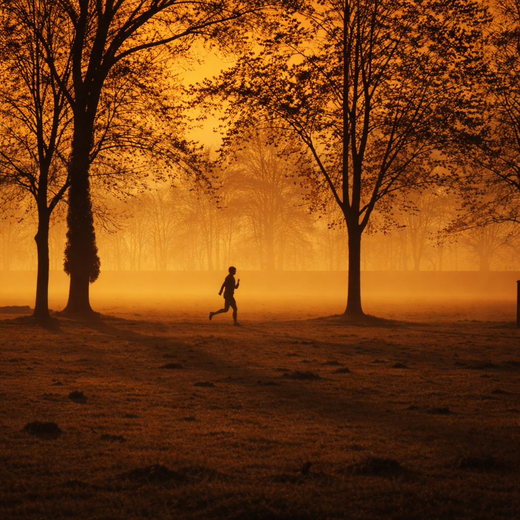 A solitary runner cuts through a