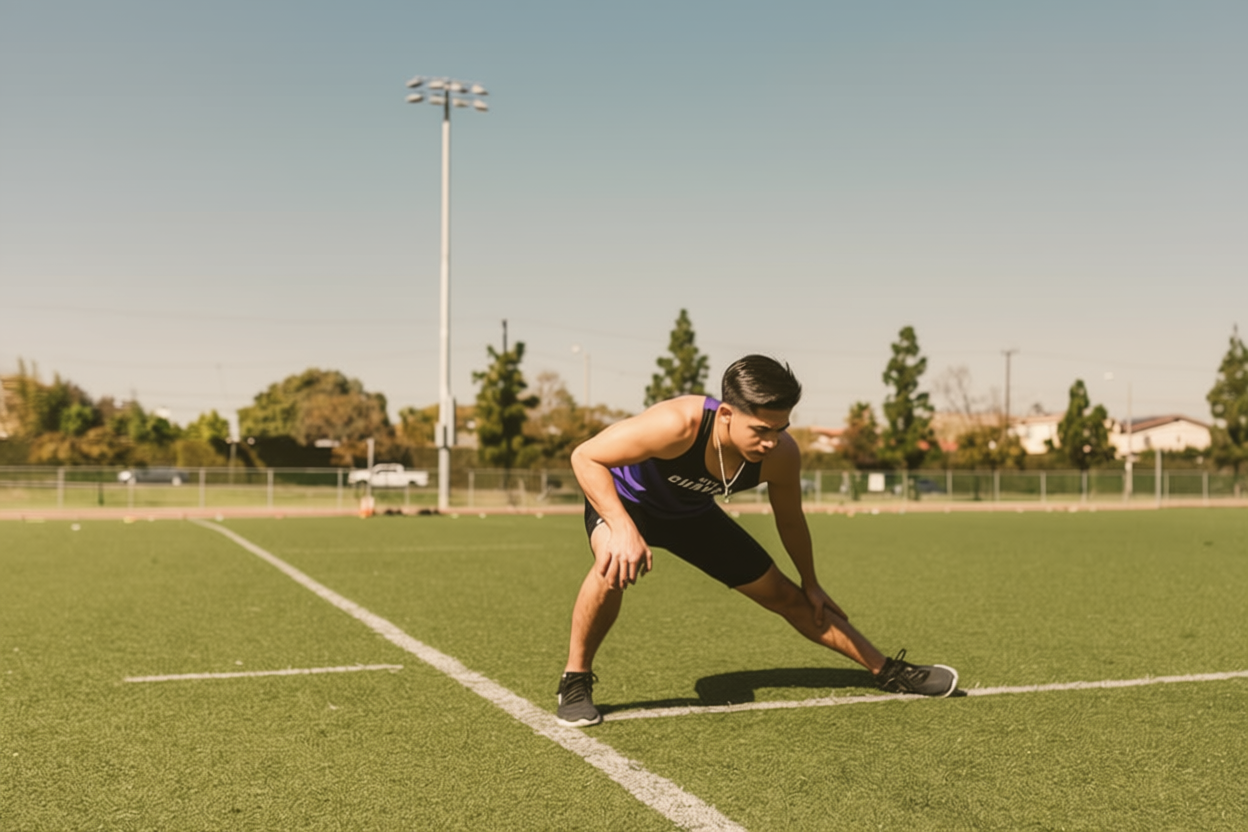 Silhueta de um corredor a alongar as pernas ao pôr do sol após um treino lento