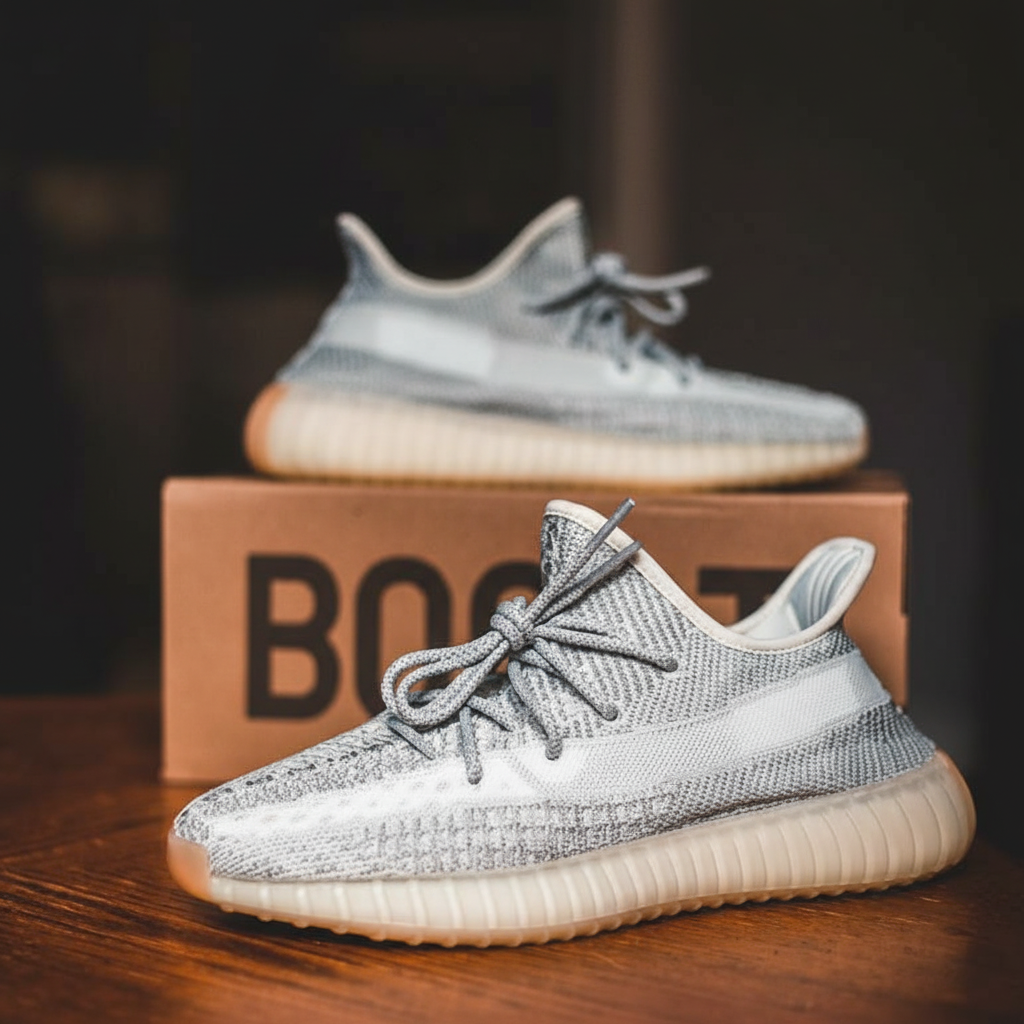 Two light grey and white sneakers