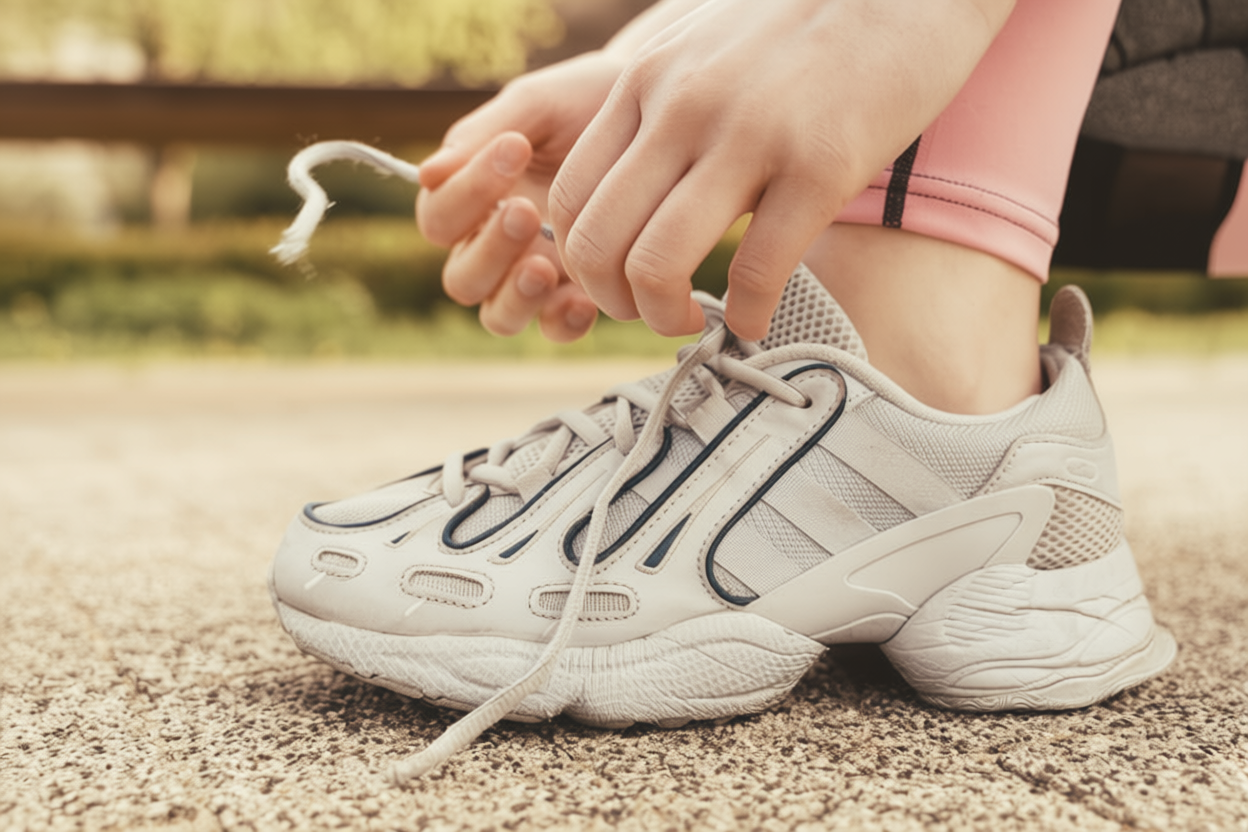A runner in pink leggings ties