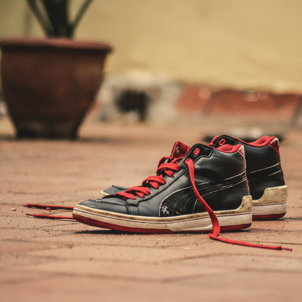 Comparação visual entre sapatilhas de corrida gastas e um par novo no asfalto