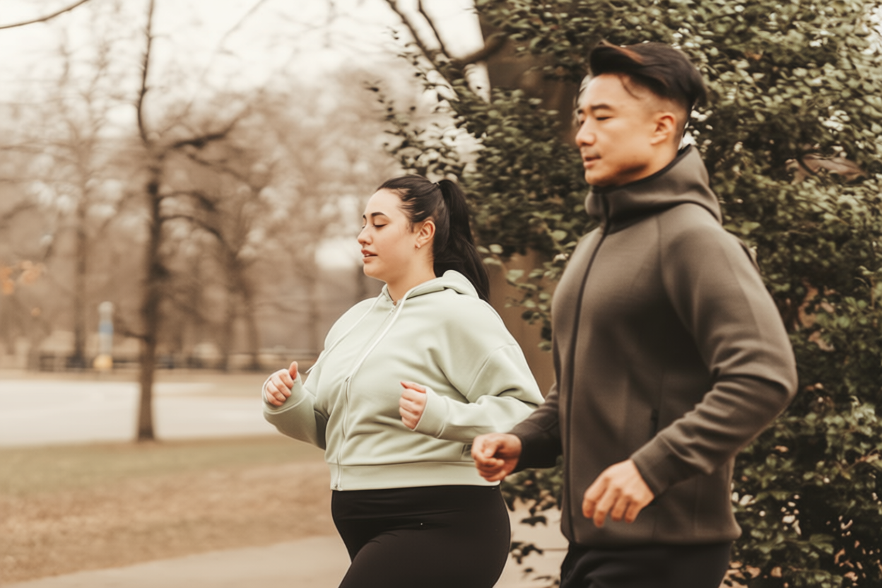 A couple jogs outdoors, wearing