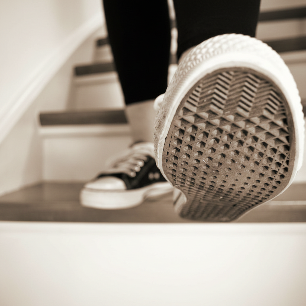 A person in black leggings ascends