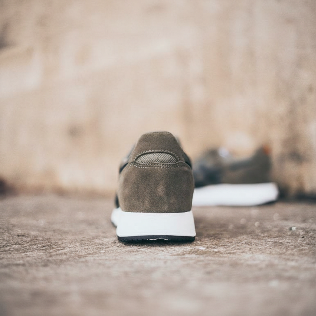 These olive green suede and mesh