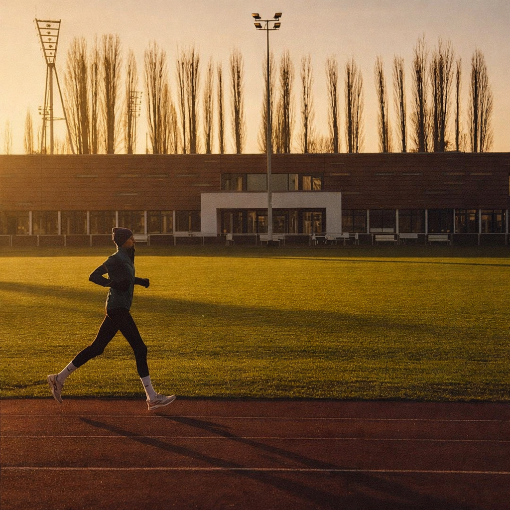 A person runs in silhouette on