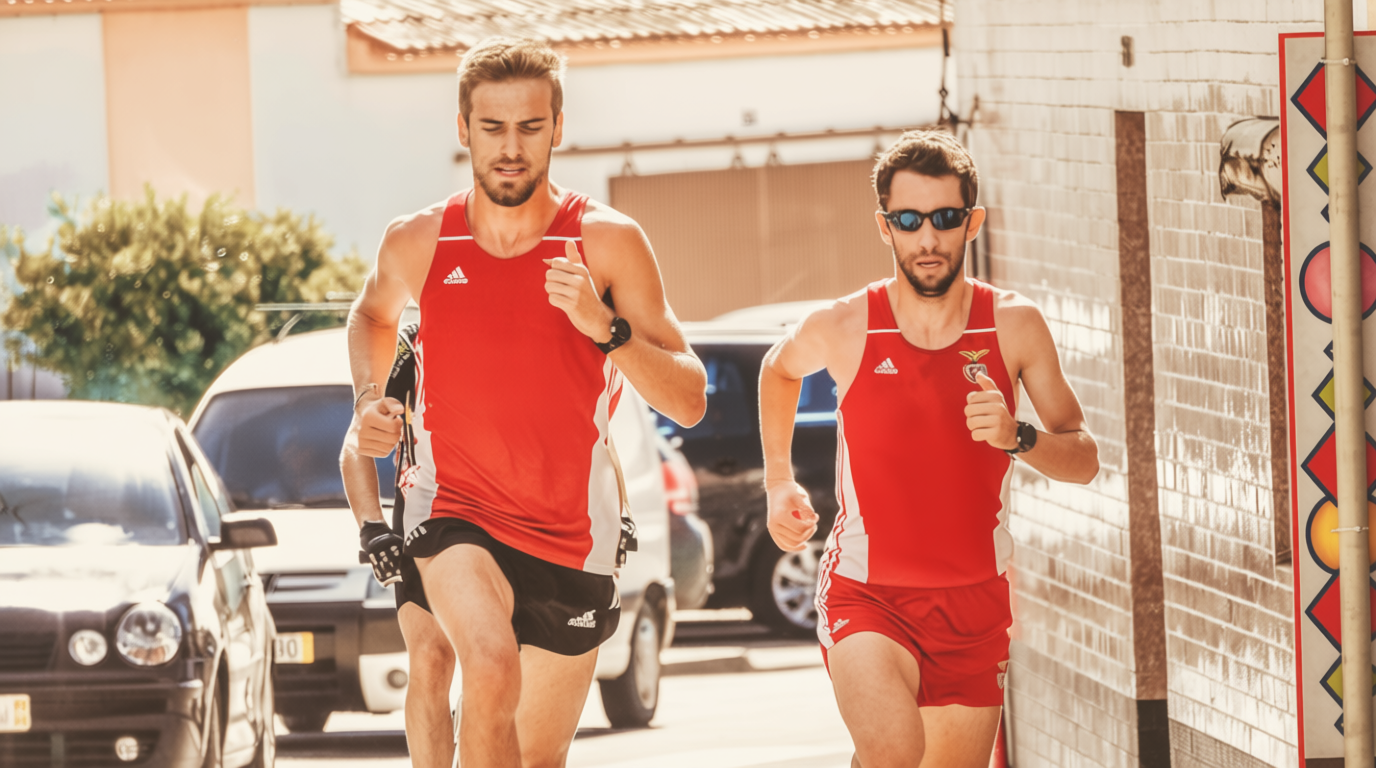 Two determined runners in red and