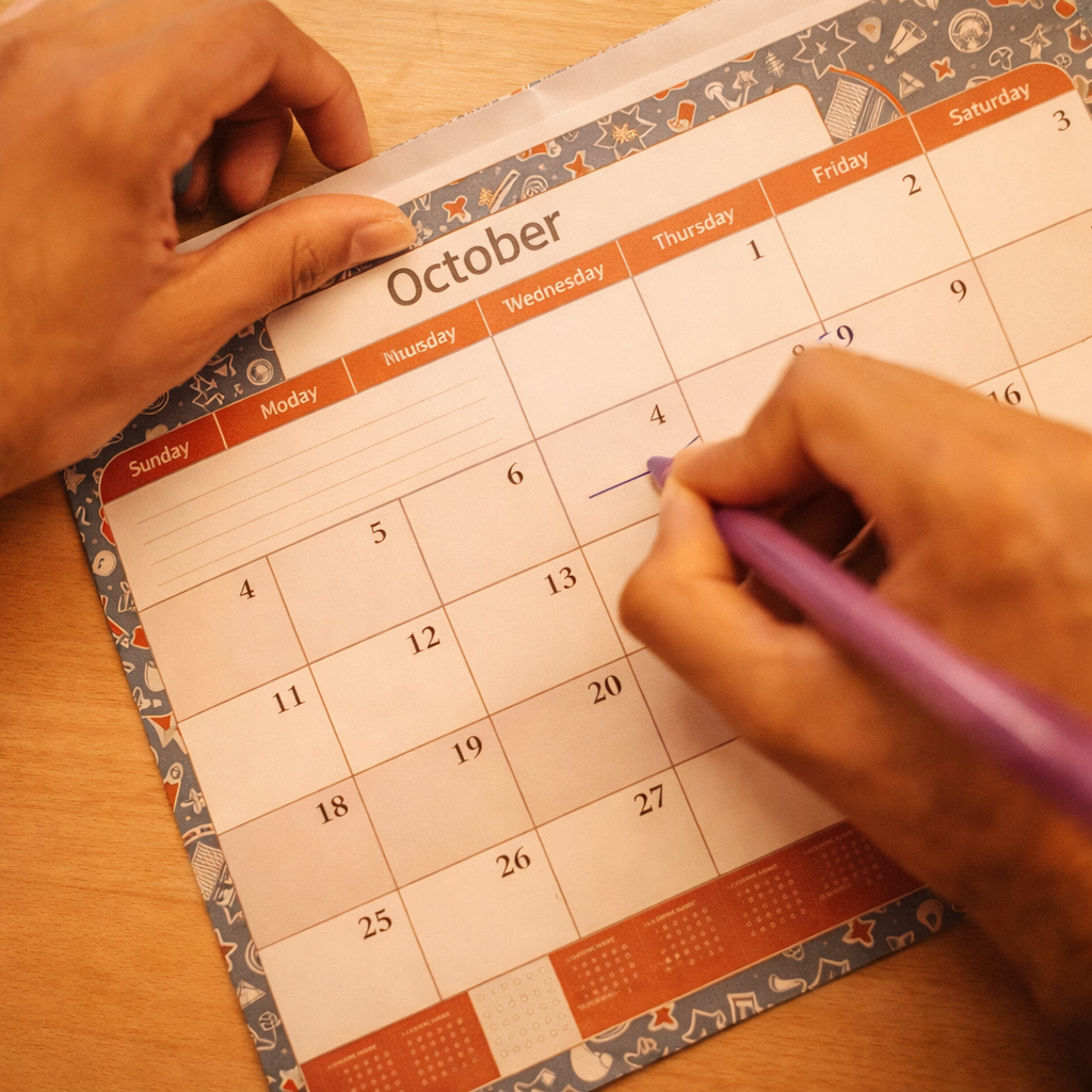 Calendário de planeamento de treino para maratona com anotações