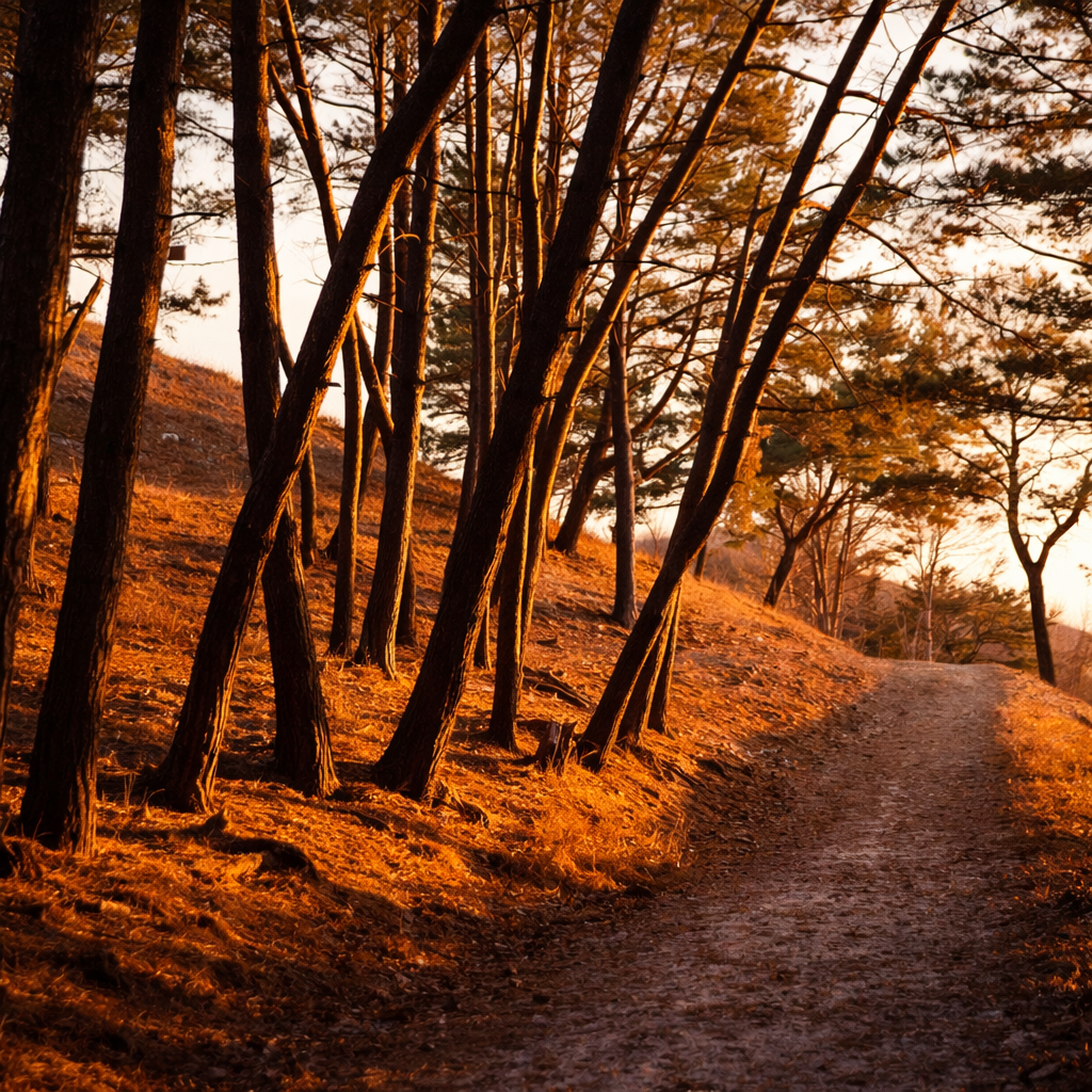 Caminho de terra batida numa floresta verde com luz solar
