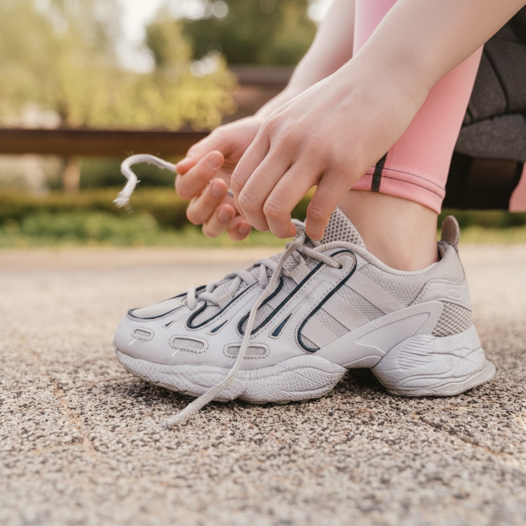 Detalhe de um corredor a apertar os atacadores antes de iniciar o aquecimento nas ruas do Porto