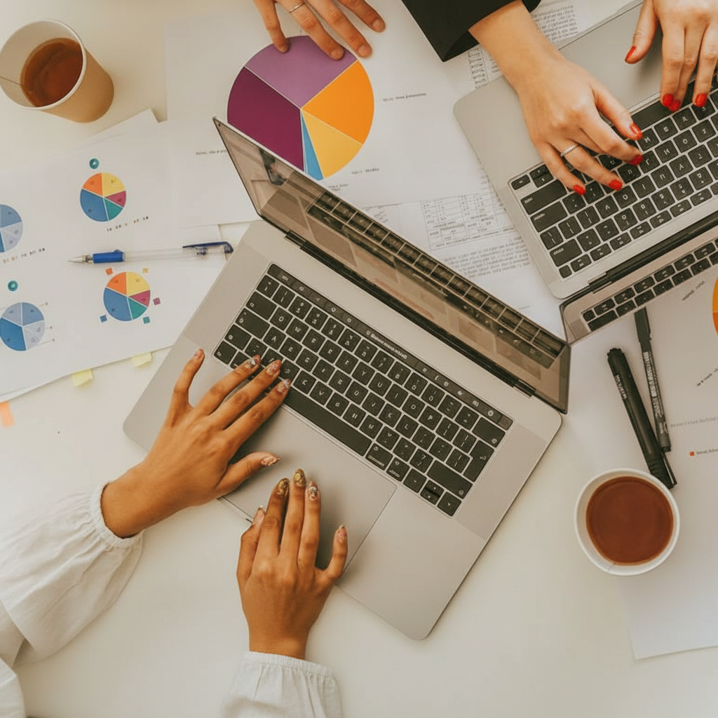 Gráficos de análise de dados sobre lesões em corredores num ecrã de computador ao lado de um café